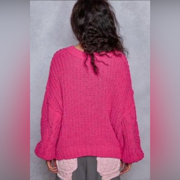 New POL Women's Vibrant Pink V-Neck Sweater Chunky Cable Knit Valentine’s Day - Picture 2 of 6